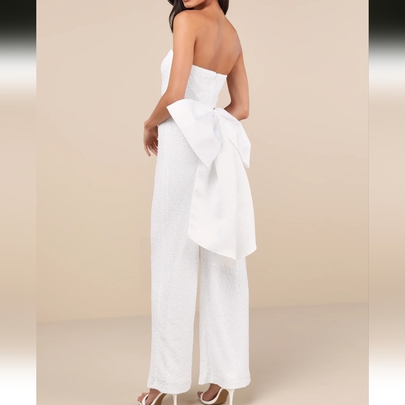 White Sequin Removable Bow Wide-Leg Jumpsuit NWT - Picture 4 of 4